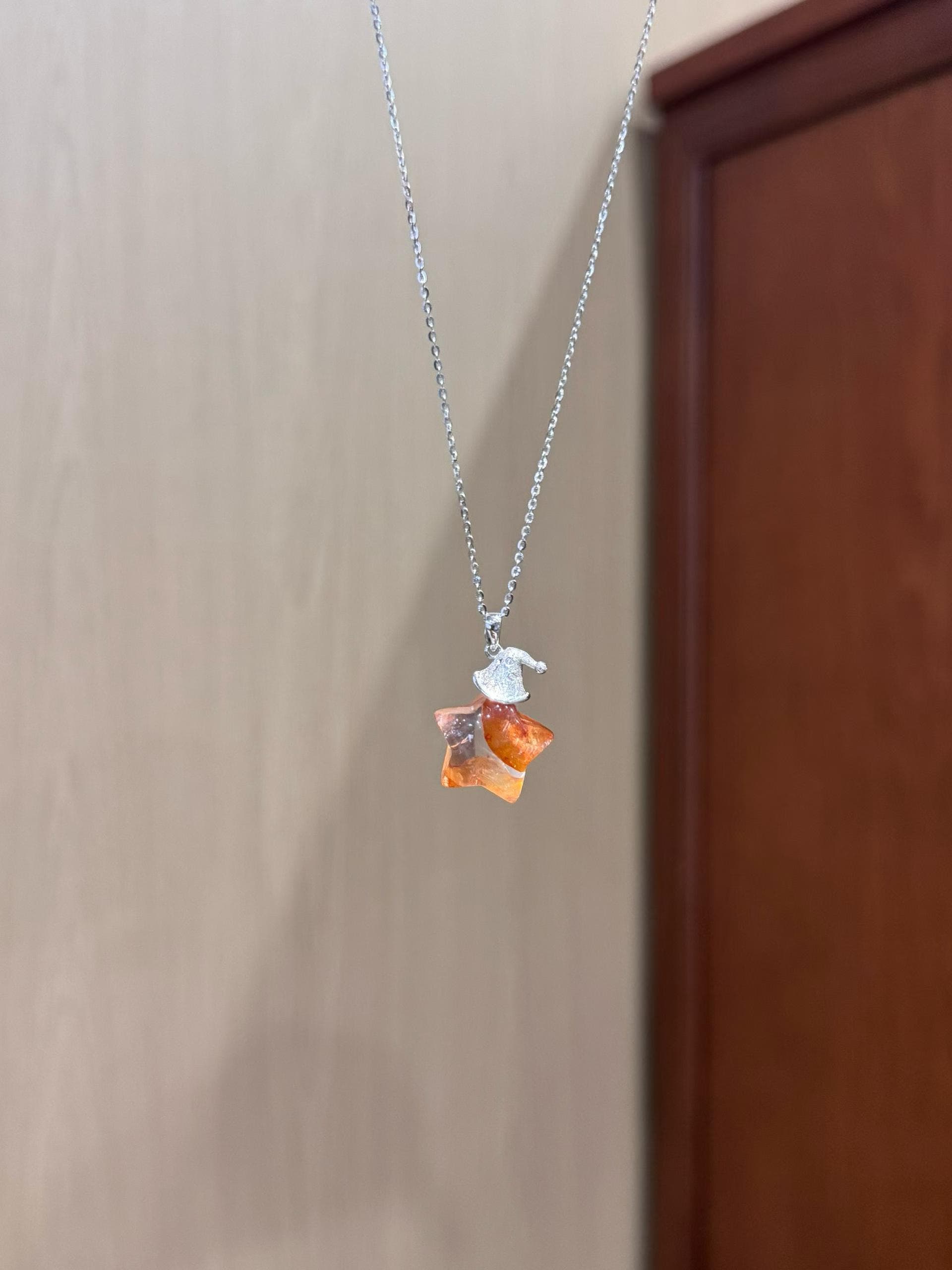 Red Phantom Quartz Star Necklace with Sterling Silver Chain, Hand-Carved Celestial Pendant