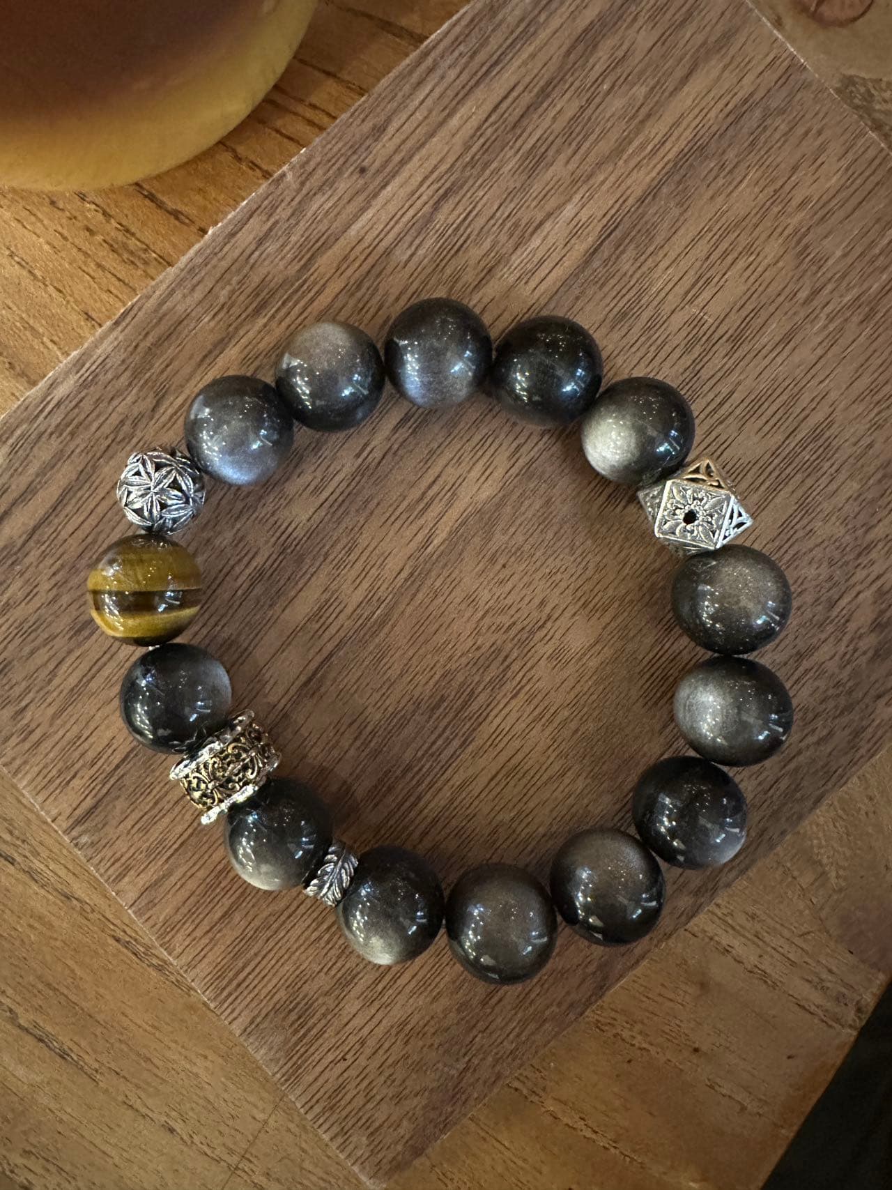 Silver Sheen Obsidian Bracelet Tiger Eye 925 Sterling Silver Protection Crystal Jewelry for Lover
