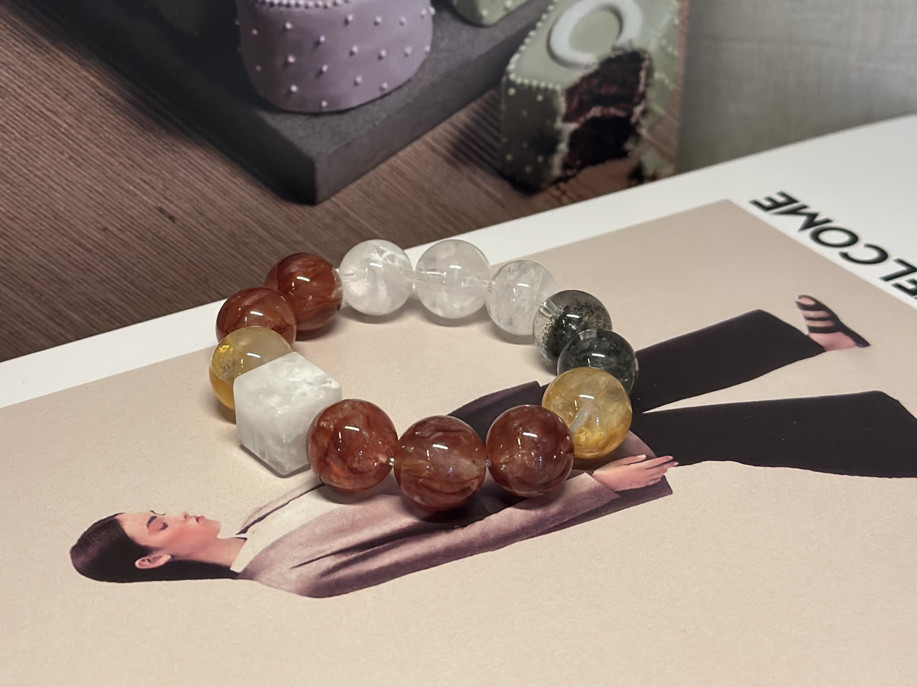 Red Ghost Yellow Phantom Green Phantom Clear Quartz Beaded Stretch Bracelet Gift for Women
